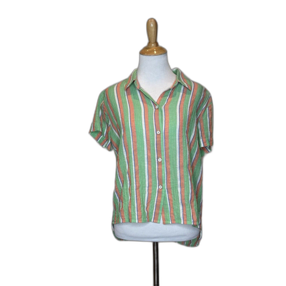 CAbi 6201 Camp Shirt Spring 2022 Cotton Linen Stripe Crinkle Gauze Blouse EUC S